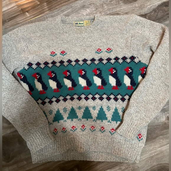 L.L. Bean Other - L.L. Bean Gray Sweater with Puffins and Tree Design